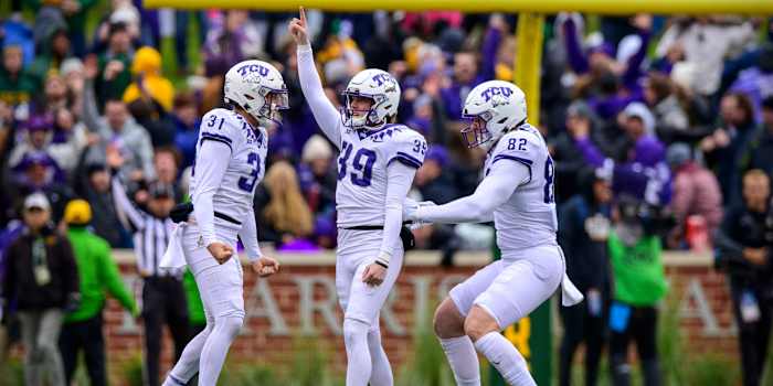 TCU Horned Frogs place kicker Griffin Kell, punter Jordy Sandy and tight end Alex Honig celebrate win.